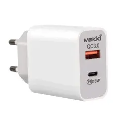 бързо зарядно Fast Charger Wall - QC3.0 + Power Distribution Type-C 18W White - MAKKI-PQ18W-WH бързо зарядно Fast Charger Wall - QC3.0 + Power Distribution Type-C 18W White - MAKKI-PQ18W-WH